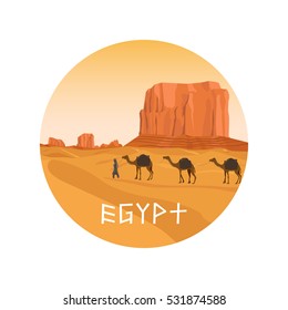 Circle isolated icon with Egypt sahara desert, sand hills and camel. Vector illustration.