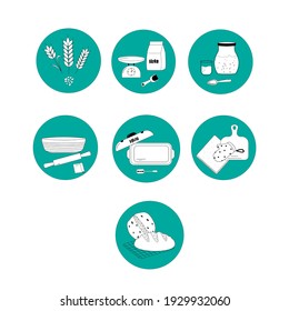Circle isolated icons illustrated the bread baking process.  For instagram, web, recipe books, labels