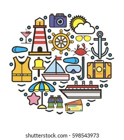 Circle isolated on white with nautical cruise elements set. Vector colorful collection of necessary clothes and things for voyage and mean or transportation by sea in round shape. Marine template