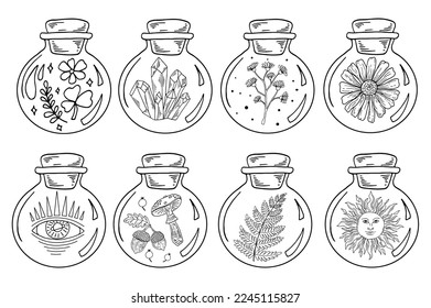 Circle jars set with witchcraft symbols. Flowers, crystal, fern, sun and leaves in bottles line art. Black outline magic vector illustration.