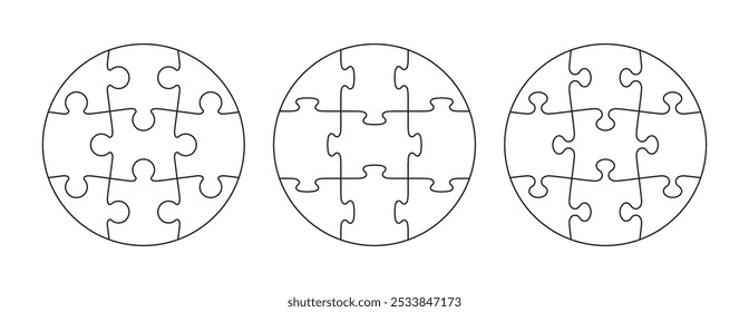 Circle jigsaw templates with 9 pieces. Cutting collection with details. Puzzle grids outline collection. Scheme for thinking game. Simple mosaic background. Frame tiles. Vector illustration
