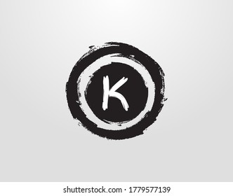 Circle K Letter Logo With Circle Grunge Splatter Element. Retro logo design template.