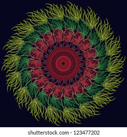 Circle kaleidoscopic ornament with many details. Vector illustration.
