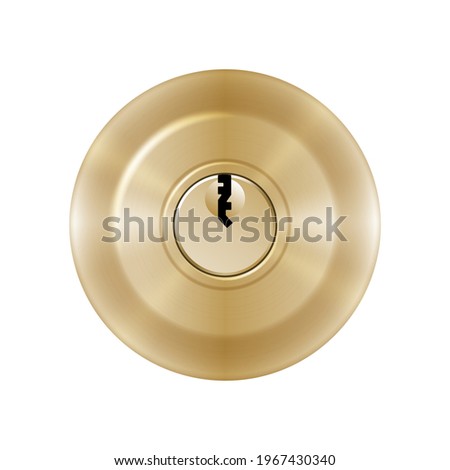 Circle keyhole template for locker, door handle or padlock. Realistic detailed golden key hole mockup on white background. 3d vector illustration