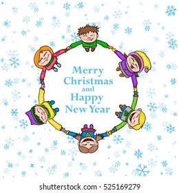 Circle kids winter frame, round Christmas background with children and snow