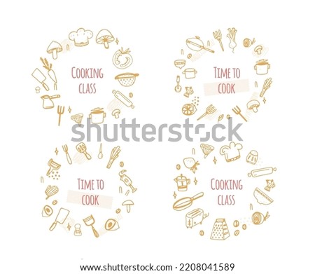Circle Kitchen border decoration for book cover, doodle frame for restaurant, doodle cooking class