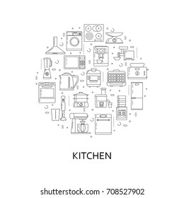 Circle Kitchen technology emblem. Linear icons. Modern devices outline. Home electronics design. Objects isolated on a white background. Thin line vector illustration.