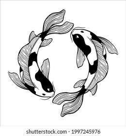 circle koi fish with sketch or hand draw style