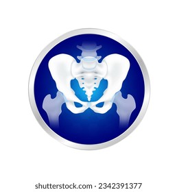 Circle label aluminum. Human pelvis or hip bone anatomy joint cartilage healthy. Foods logo products template design. Vector EPS10.