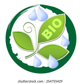 Circle label for bio product with green leaf and water drops in grunge green frame