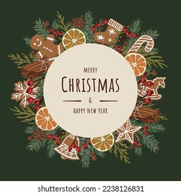 Circle label Christmas illustration of gingerbread spices with ginger, cinnamon, star anise, oranges, cloves, spruce, thuja, berries. Vector illustration