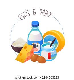 Circle label for dairy department of a grocery store or online  marketplace. Isolated vector illustration with group of milk, cheese and eggs. 