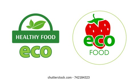 Circle label eco food with red strawberry on white background. The sticker healthy food - vector illustration of symbol of ecology. 
