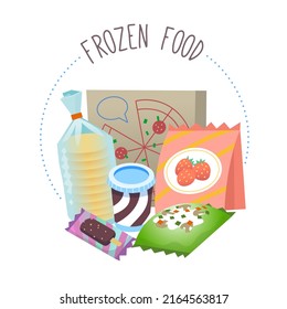 Circle label for frozen food section of a grocery store or online  marketplace. Isolated vector illustration with  fruit and vegetables, pancakes ice cream and pizza.