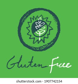 Circle label Gluten free vector. Hand drawn round label of gluten-free. Healthy eating symbol. Crayon textures. Sticker green products. Healthy food sign. Allergen free icon with hand written text.
