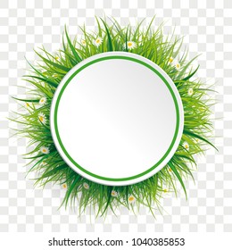 Circle label with green grass and flowers on the checked background. Eps 10 vector file.