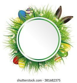 Circle label with green grass, flowers, eggs and hare ears on the white. Eps 10 vector file.
