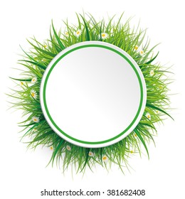 Circle label with green grass and flowers on the white. Eps 10 vector file.