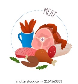 Circle Label For Meat Section Of A Grocery Store Or Online  Marketplace. Isolated Vector Illustration With Different Kinds Of Meat. Label Icon For Butcher Shop