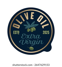 Circle label for Olive Oil. Olives with leaves in engraving style inside gold rounded frame. Label for food or product design.