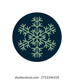 Etiqueta circular con elemento de copo de nieve de contorno en verde sobre azul oscuro. Navidades y decoración navideña para el sello frío del paquete de invierno. Copo de nieve de forma redonda para embalaje festivo y producto.