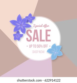 Circle label Sale banner with colorful beautiful flowers. Design template for posters, voucher discount, cards, stickers, banners, advertisement. Vector. 