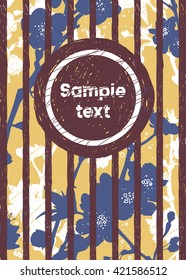 circle labeled sample text on a background of flowers and stripes. blue; purple; beige