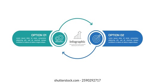 Circle labels infographic with 2 arrows on the process to success. Presentation, Strategy and Plan. Vector illustration.