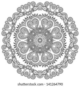 Circle lace black and white ornament, round ornamental geometric doily pattern