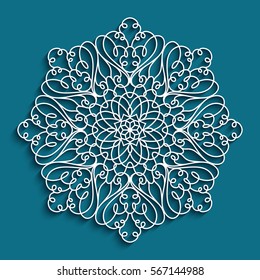 Circle lace doily, cutout paper ornament, mandala, swirly round decoration, may be used for laser cutting or wood manufacturing, eps10 vector illustration