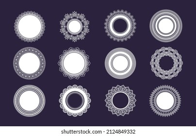 Circle lace doily, napkins with laser cutted frill. Round plates for cakes with floral ornament. Classic wedding table decoration vector set. Illustration of frame paper circle ornament