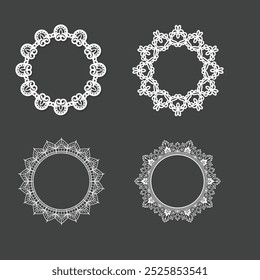 Renda de círculo doily, guardanapos com frill cortado a laser. Placas redondas para bolos com ornamento floral. Conjunto de vetor de decoração de mesa de casamento clássico