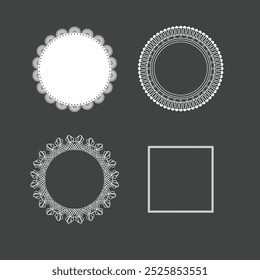 Renda de círculo doily, guardanapos com frill cortado a laser. Placas redondas para bolos com ornamento floral. Conjunto de vetor de decoração de mesa de casamento clássico