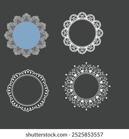 Circle lace doily, napkins with laser cutted frill. Round plates for cakes with floral ornament. Classic wedding table decoration vector set