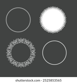 Circle lace doily, napkins with laser cutted frill. Round plates for cakes with floral ornament. Classic wedding table decoration vector set