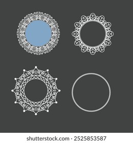 Circle lace doily, napkins with laser cutted frill. Round plates for cakes with floral ornament. Classic wedding table decoration vector set