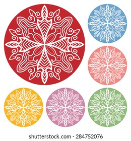 Circle lace doily patterns set, round geometric mandala ornament, christmas snowflake decoration.