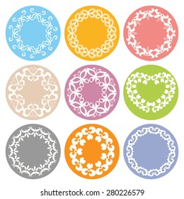 Circle lace frame ornament, round ornamental geometric doily pattern, christmas snowflake decoration.