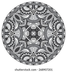 Circle lace ornament, round grey ornamental geometric doily pattern, black and white collection, vector illustration