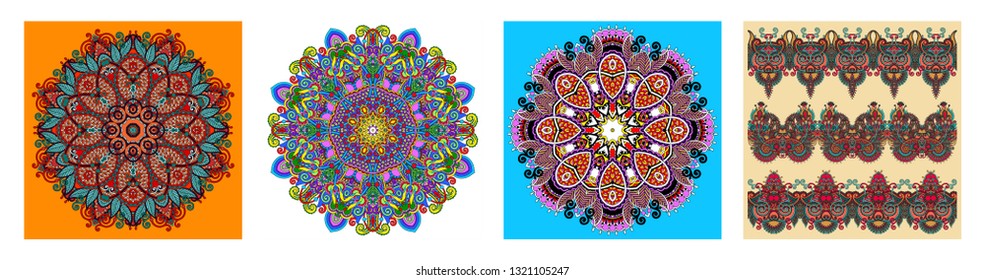 Circle lace ornament, round ornamental geometric doily pattern in indian kalamkari style