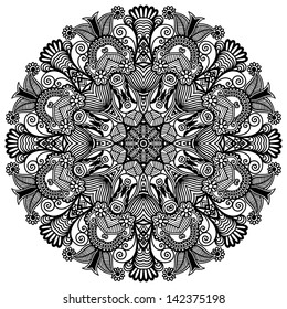 Circle lace ornament, round ornamental geometric doily pattern, black and white collection