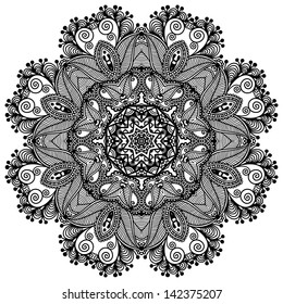 Circle lace ornament, round ornamental geometric doily pattern, black and white collection