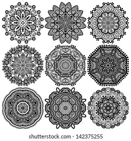 Circle lace ornament, round ornamental geometric doily pattern, black and white collection