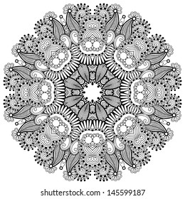 Circle lace ornament, round ornamental geometric doily pattern, black and white collection