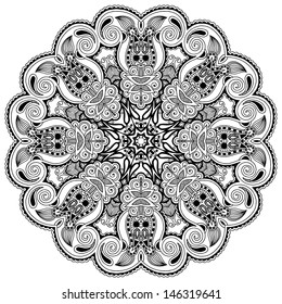 Circle lace ornament, round ornamental geometric doily pattern, black and white collection