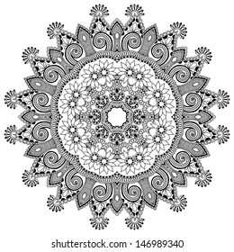 Circle lace ornament, round ornamental geometric doily pattern, black and white collection