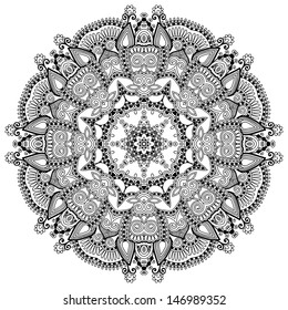 Circle lace ornament, round ornamental geometric doily pattern, black and white collection