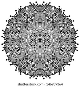 Circle lace ornament, round ornamental geometric doily pattern, black and white collection