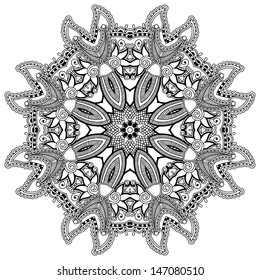 Circle lace ornament, round ornamental geometric doily pattern, black and white collection
