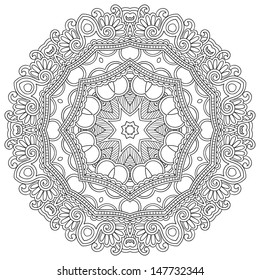 Circle lace ornament, round ornamental geometric doily pattern, black and white collection
